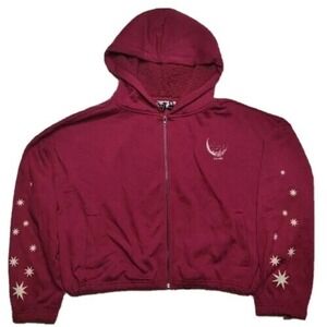 Mighty Fine LA LUNE THE MOON Burgundy Faux Fur Hood Crop Hoodie - Women XL NEW